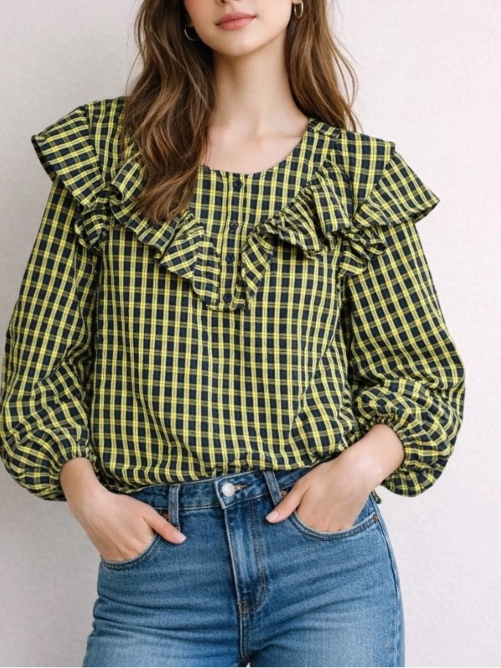 NWT! Sugarlips Clara Yellow and Black Plaid Ruffle Yoke Blouse